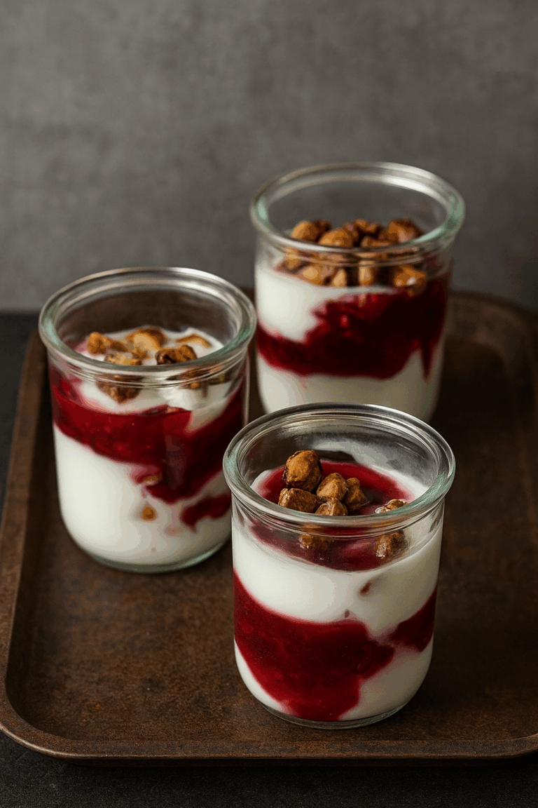 Rezept von Burghardt Delicious für Joghurtcreme mit Winterlicher Roter Grütze und getoppt mit Kandierten Pistazien von Burghardt Delicious als perfektes kleines Dessert.