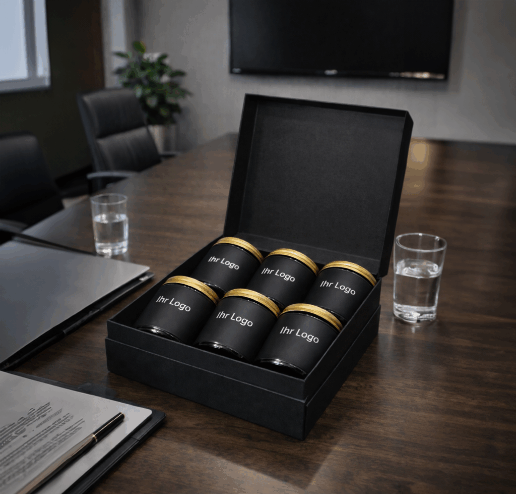 Burghardt Delicious nachhaltige Meeting & Büro Lösung. Glasdosen die immer wieder nachbefüllt werden können und ebenso individuell bedruckt werden können.