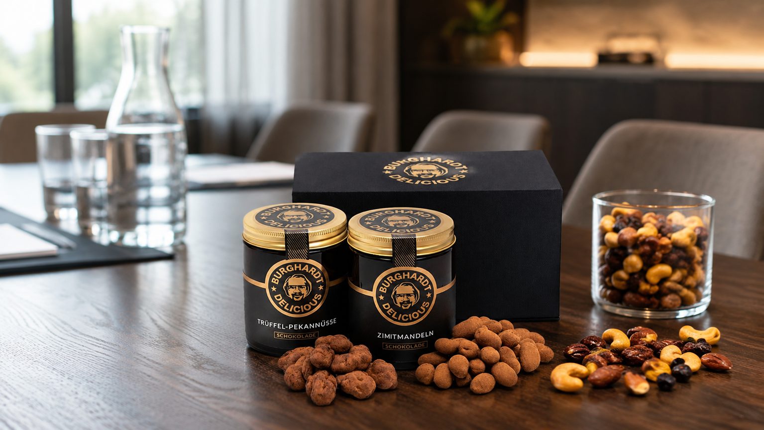 Premium-Snacks für Tagungen: schwarz-goldene Geschenkbox mit Dosen und Nüssen im Konferenzraum von Burghardt Delicious