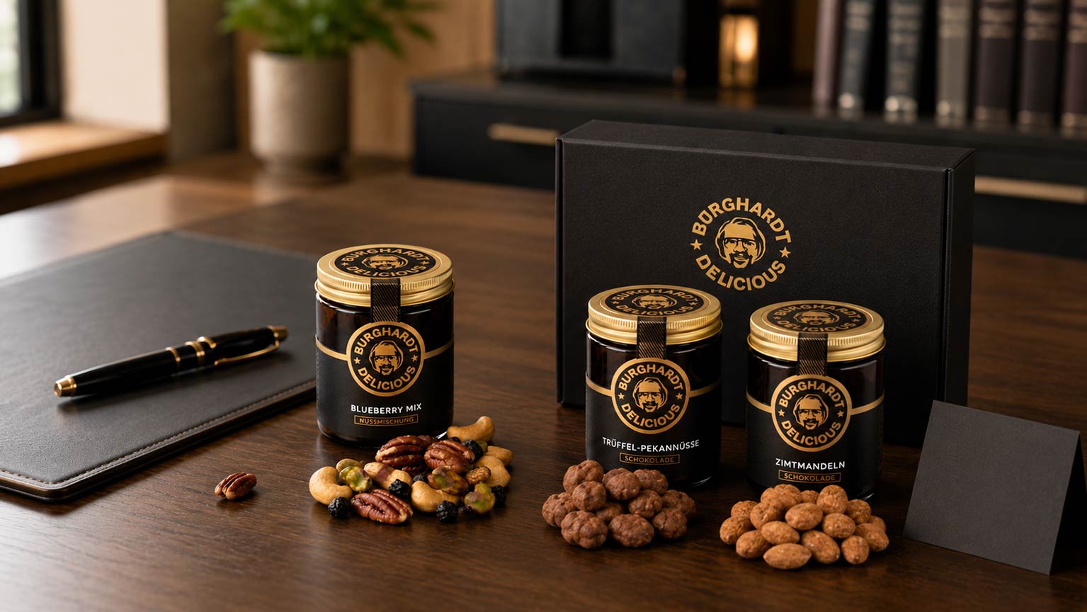 Werbegeschenke mit Nüssen von Burghardt Delicious – gebrandete Premium-Glasdose als Firmengeschenk