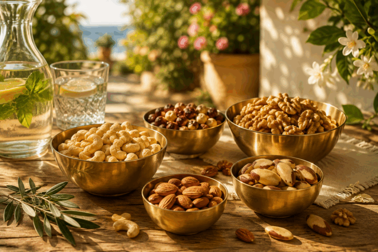 Verschiedene Nüsse im Sommer in goldenen Schüsseln