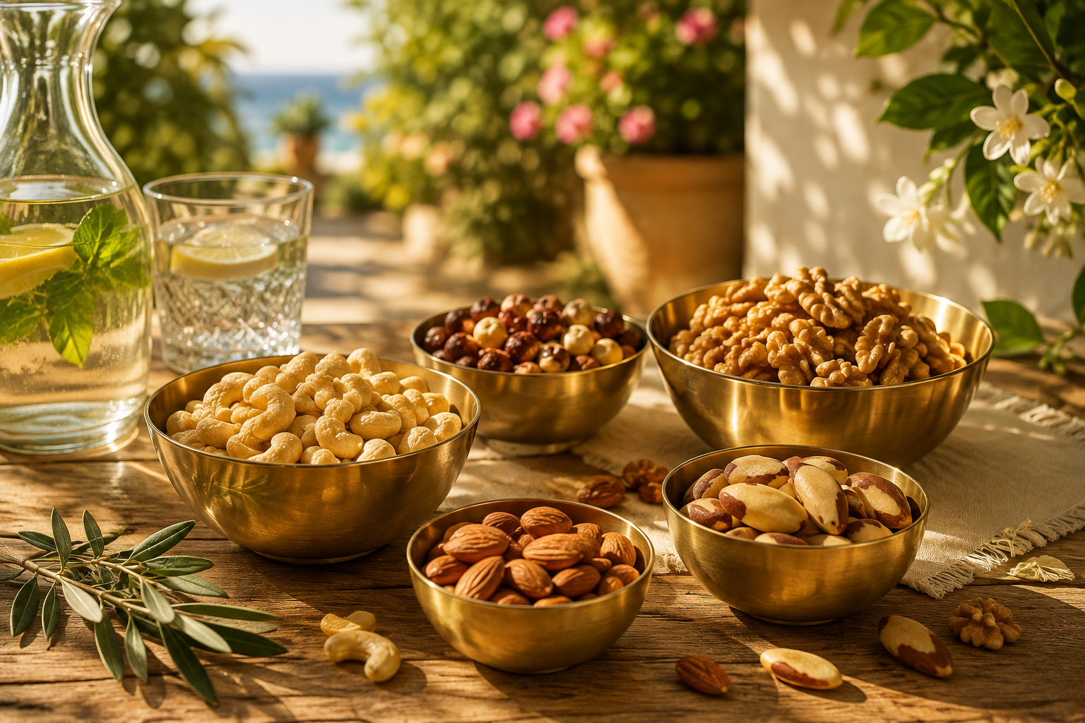 Verschiedene Nüsse im Sommer in goldenen Schüsseln